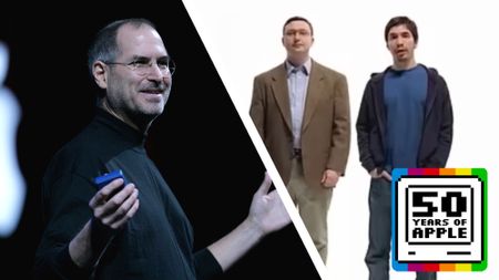 Steve Jobs presenting next to the two characters from Apple's 'I'm a Mac and I'm a PC' ad campaign