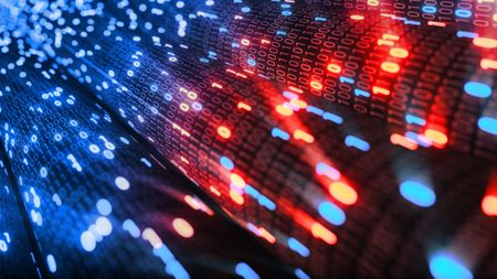 Hacking red and blue digital binary code matrix 01 background.