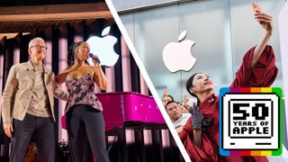 Tim Cook on stage with Alicia Keys next to an person taking a selfie in front of an Apple Store in China