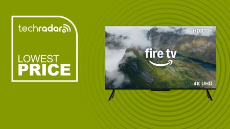 The Amazon Fire TV 4-Series 50-inch 4K TV on a green background with text saying Lowest Price.