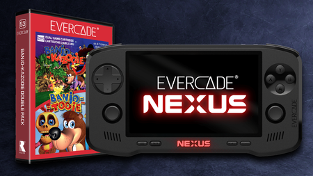 The black Evercade Nexus handheld next to a cartridge of Banjo and Kazooie.